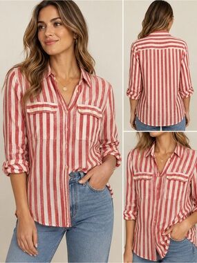 J. Crew Red and White Vertical Stripe Button-Down Shirt